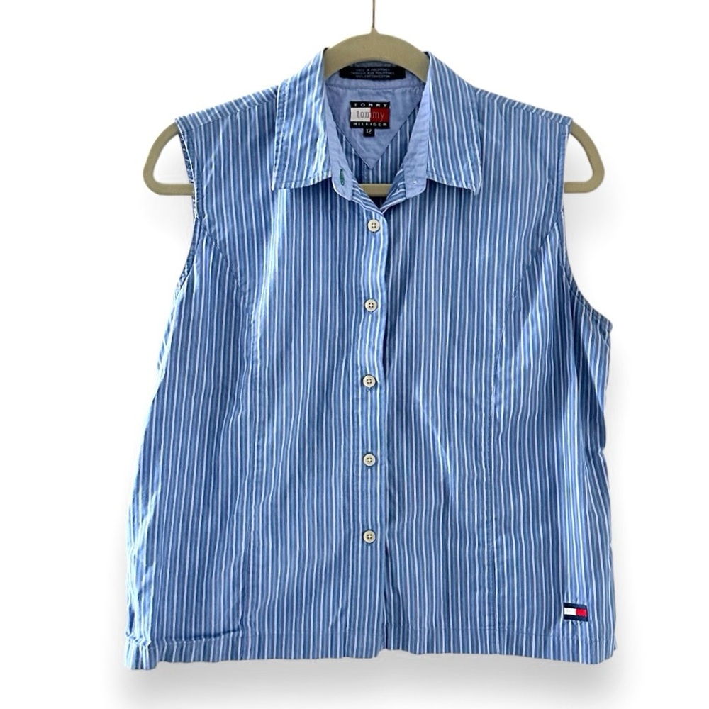 Tommy Hilfiger Blue & White Striped Sleeveless Button-Down Shirt
